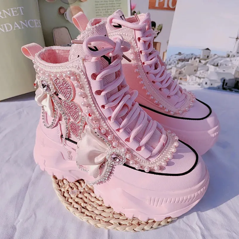 Sweet Pink Casual High Platform Sneakers for Women | Lace-Up Ankle Booties with Pearls & Rhinestones | Thick Bottom Ladies Casual Shoes