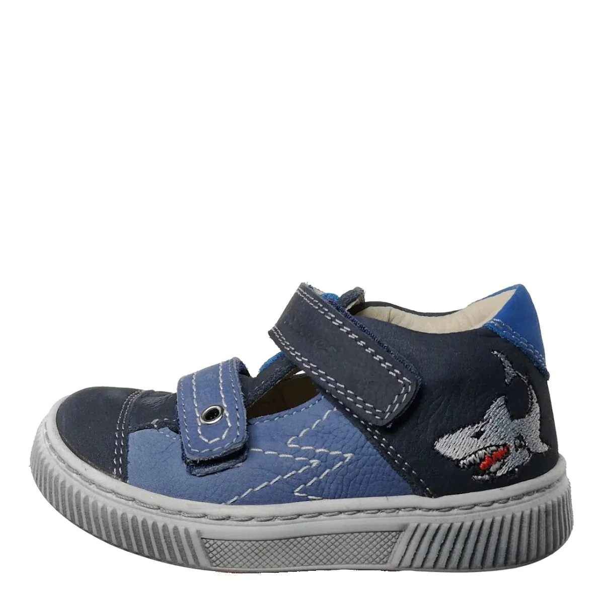 Szamos Kid Boy Sandals In Light And Dark Blue Color And Shark Pattern With Double Velcro Strap - Made In Europe