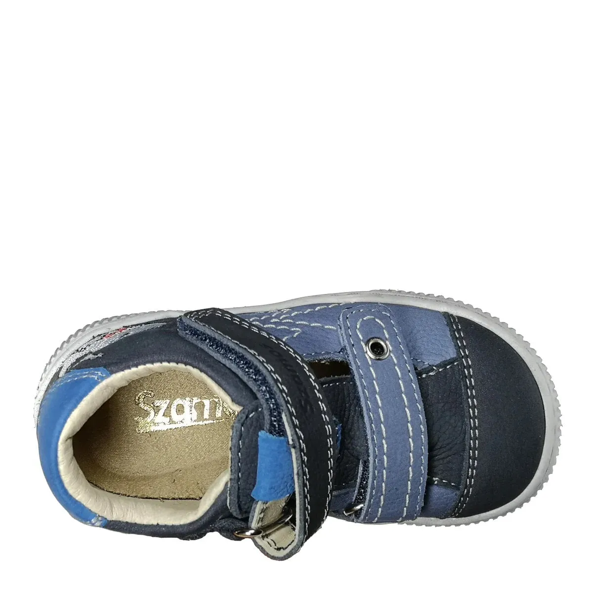 Szamos Kid Boy Sandals In Light And Dark Blue Color And Shark Pattern With Double Velcro Strap - Made In Europe