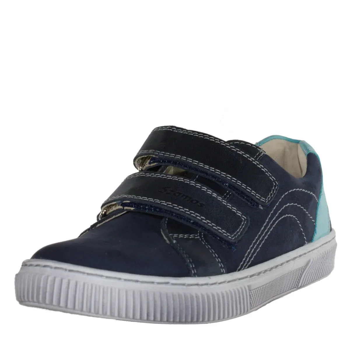 Szamos Kid Boy Sneakers In Dark Blue Color With Bermuda Blue Detail And Double Velcro Strap - Made In Europe