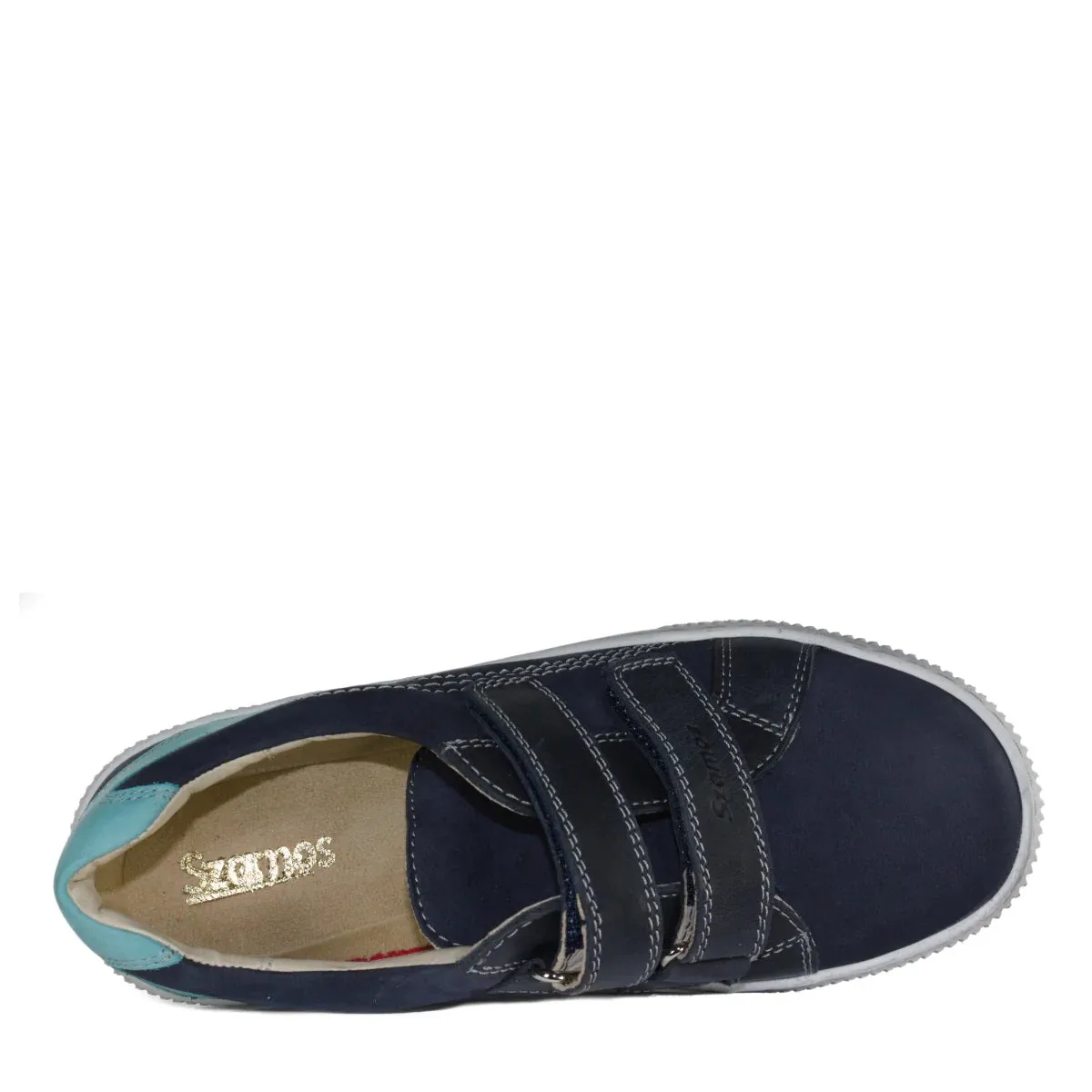 Szamos Kid Boy Sneakers In Dark Blue Color With Bermuda Blue Detail And Double Velcro Strap - Made In Europe