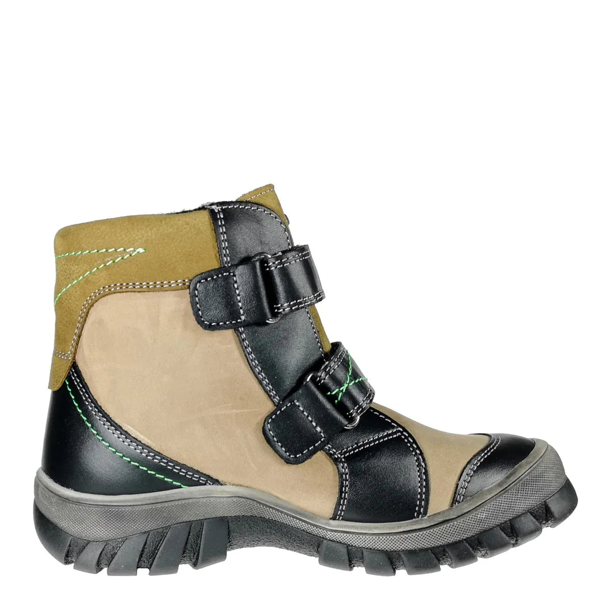 Szamos Kid Boy Winter Boots Khaki With Black Velcro Straps And Khaki Detail - Made In Europe