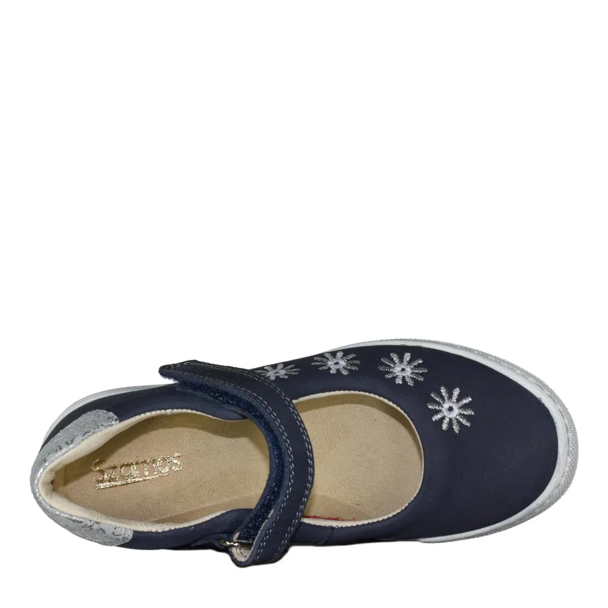 Szamos Kid Girl Dress Shoes In Denim Blue Color And White Flowers With Velcro Strap - Made In Europe