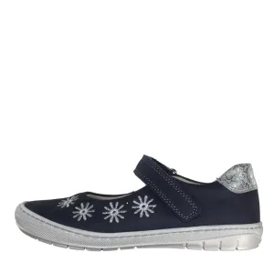 Szamos Kid Girl Dress Shoes In Denim Blue Color And White Flowers With Velcro Strap - Made In Europe