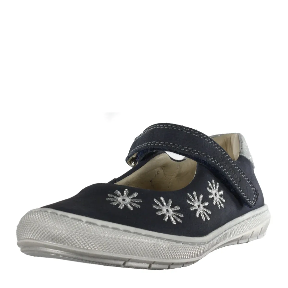 Szamos Kid Girl Dress Shoes In Denim Blue Color And White Flowers With Velcro Strap - Made In Europe