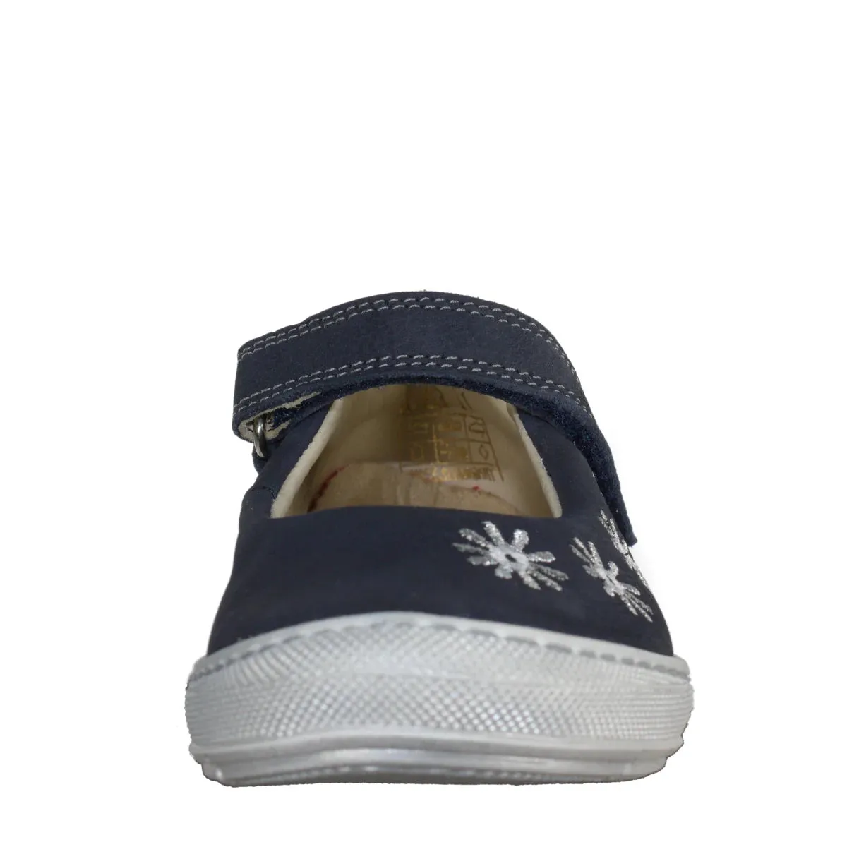 Szamos Kid Girl Dress Shoes In Denim Blue Color And White Flowers With Velcro Strap - Made In Europe