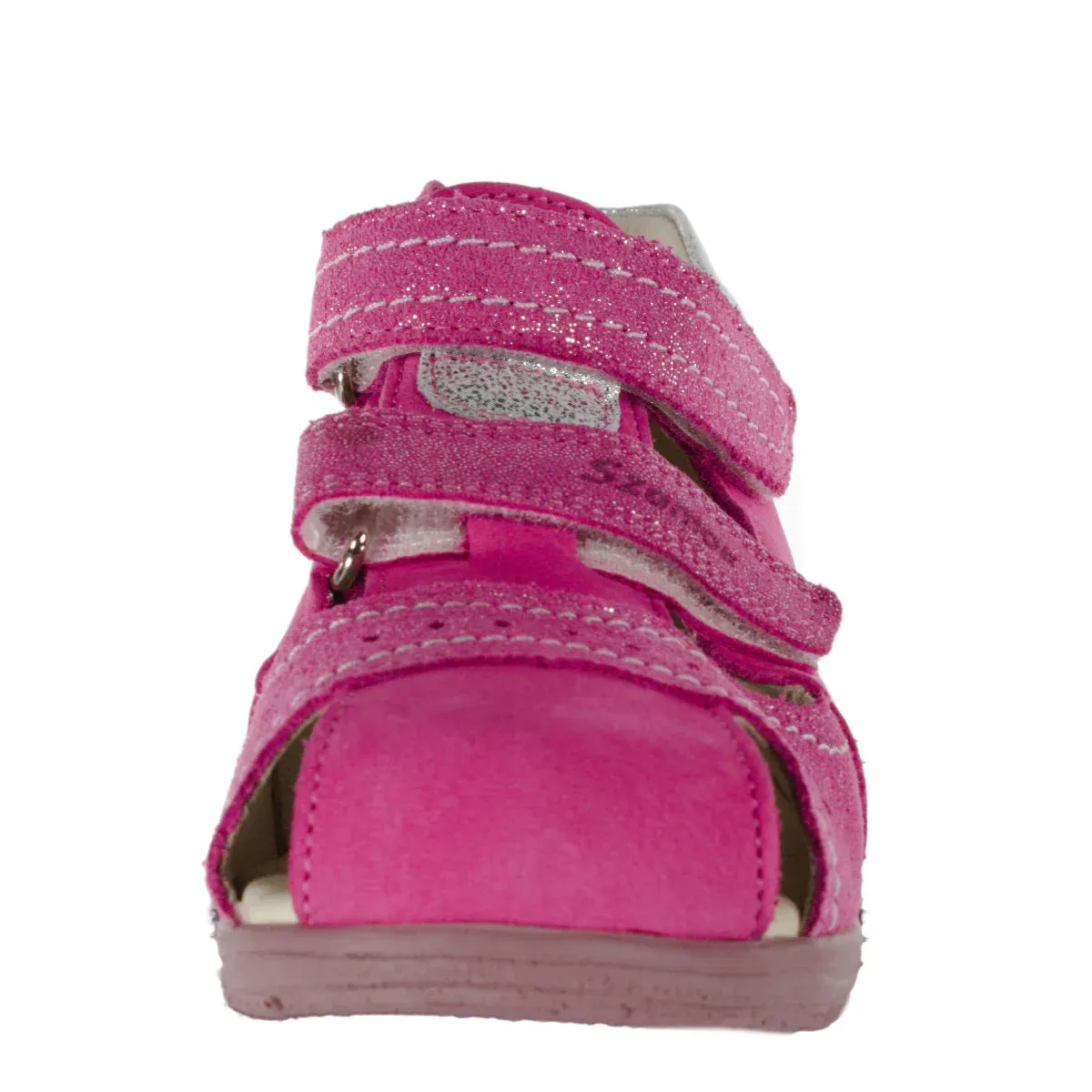 Szamos Kid Girl Sandals In Pink Color And Butterfly Pattern With Double Velcro Strap - Made In Europe