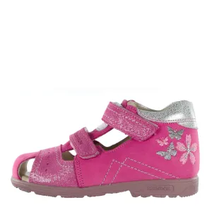 Szamos Kid Girl Sandals In Pink Color And Butterfly Pattern With Double Velcro Strap - Made In Europe