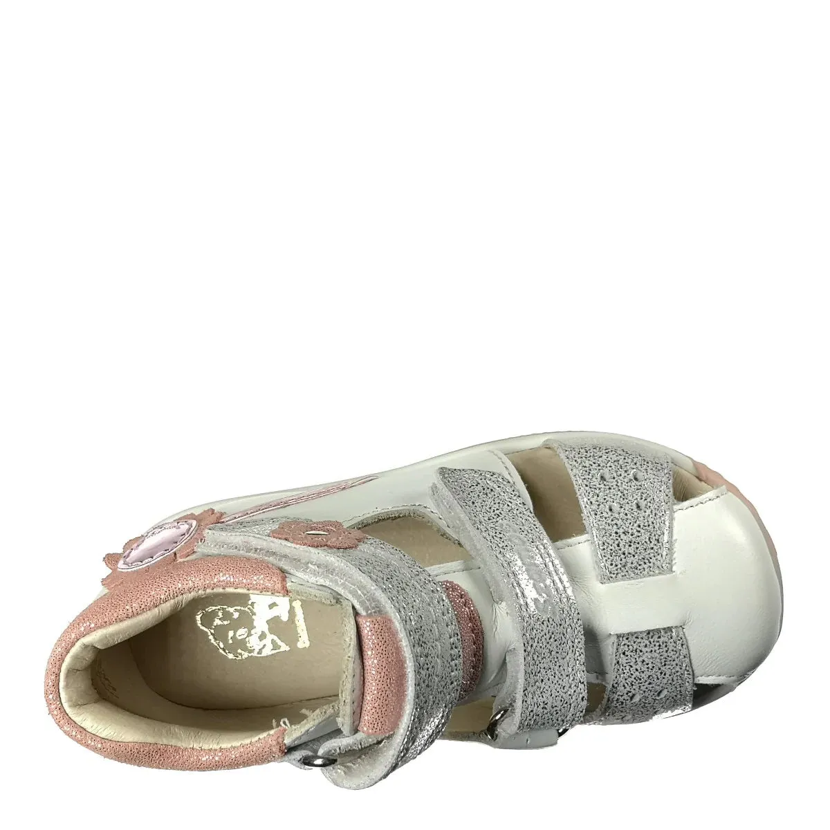 Szamos Kid Girl Sandals In White Color And Flower Pattern With Silver Glitter Double Velcro Strap - Made In Europe