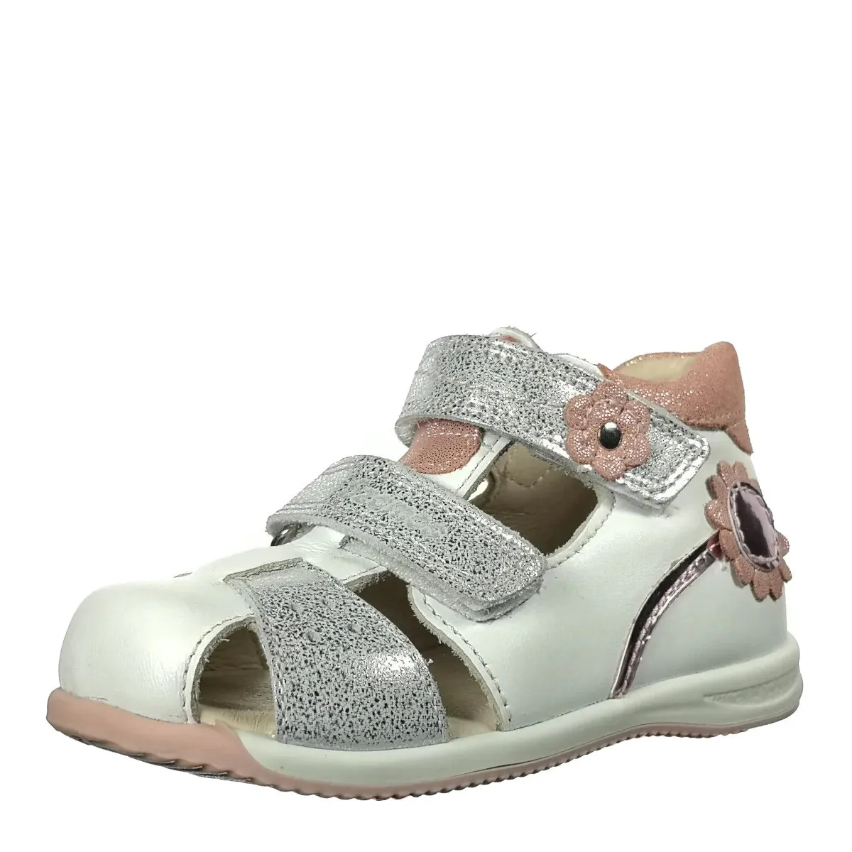 Szamos Kid Girl Sandals In White Color And Flower Pattern With Silver Glitter Double Velcro Strap - Made In Europe