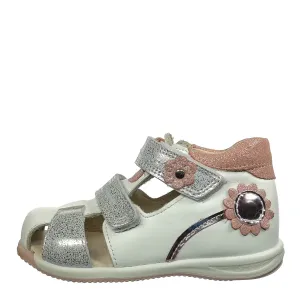 Szamos Kid Girl Sandals In White Color And Flower Pattern With Silver Glitter Double Velcro Strap - Made In Europe