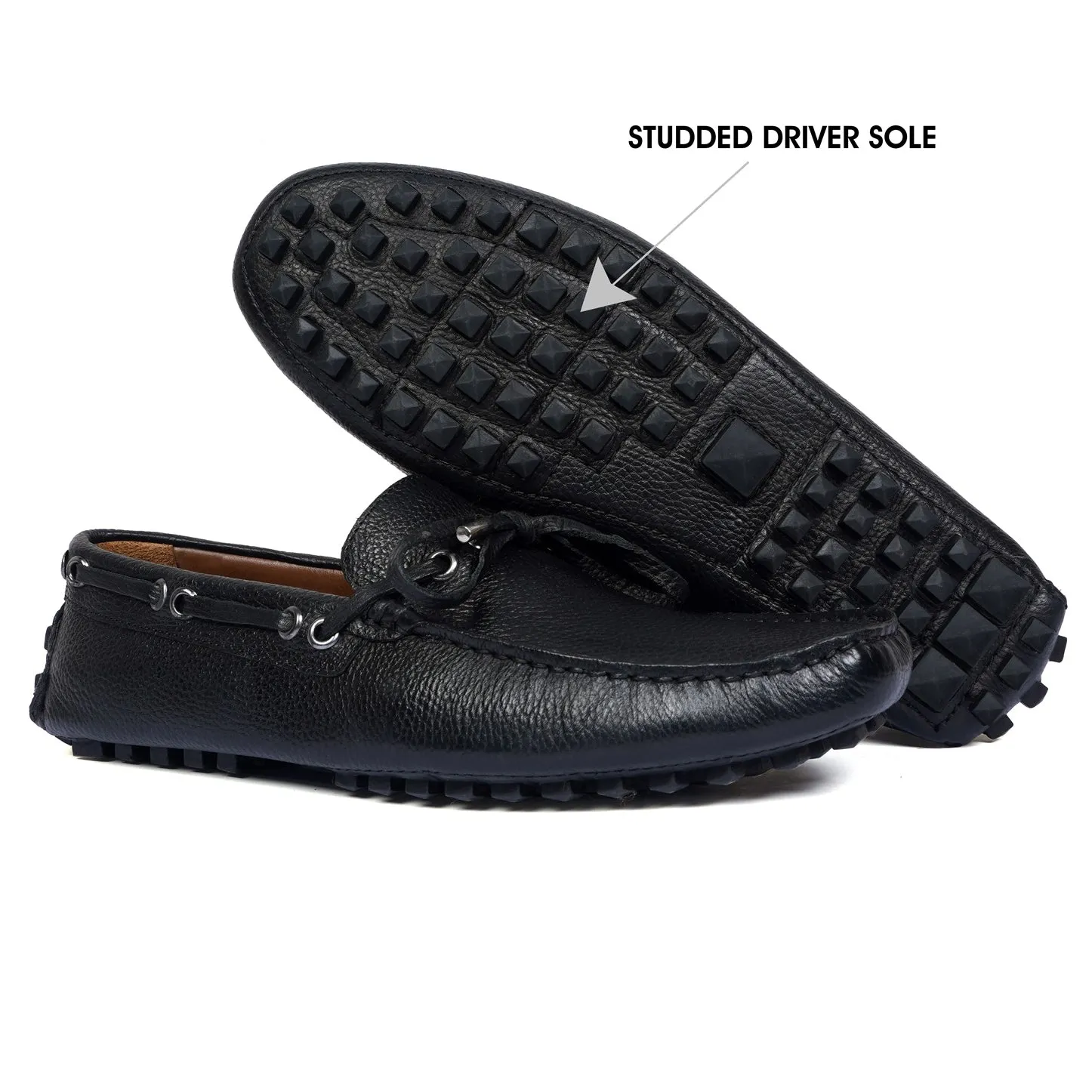 Tassel Bow Driver Loafer with Black Texture Leather