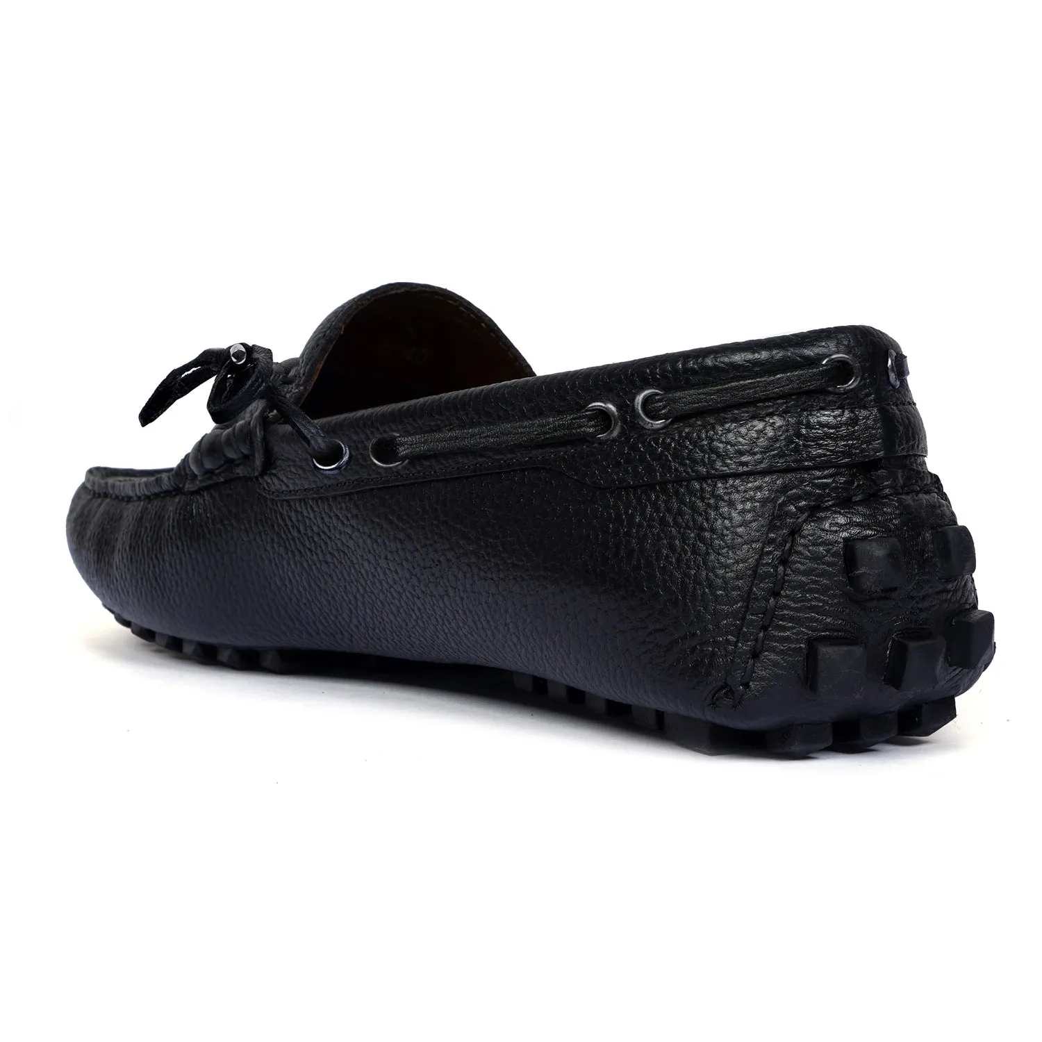 Tassel Bow Driver Loafer with Black Texture Leather