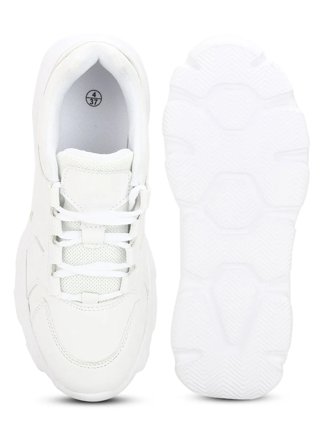 Total White Cleated Bottom Lace-Up Chunky Sneakers