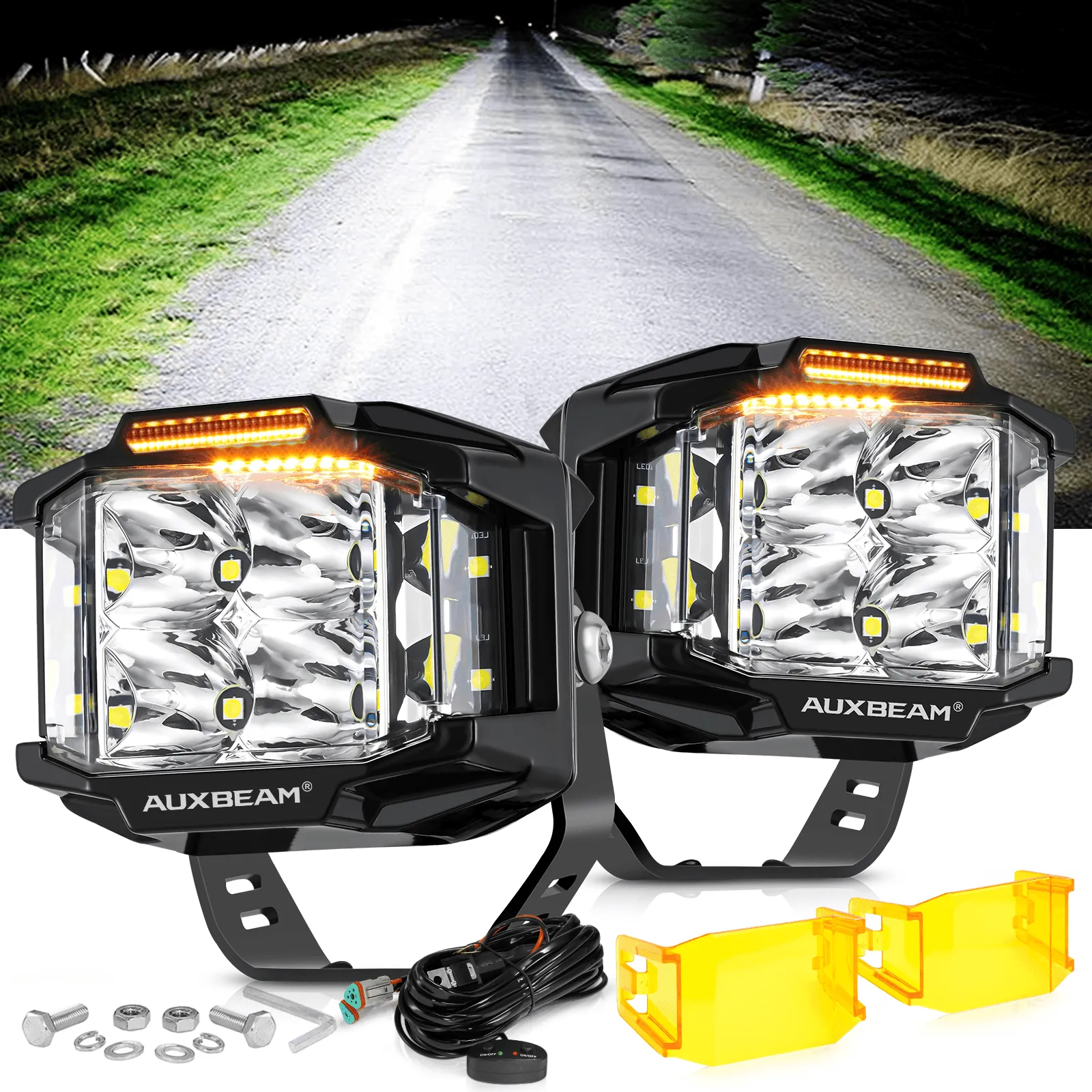 V-MAX Series | 4 Inch 92W 8960LM Combo Beam Side Shooter LED Square Pod Lights with Amber DRL