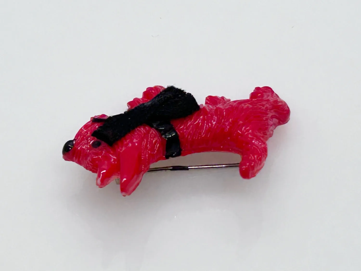 Vintage Red Plastic Scottie Dog with Black Fabric Bow