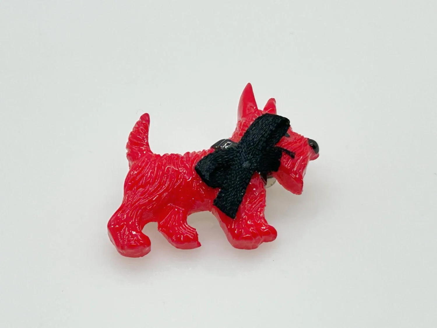 Vintage Red Plastic Scottie Dog with Black Fabric Bow