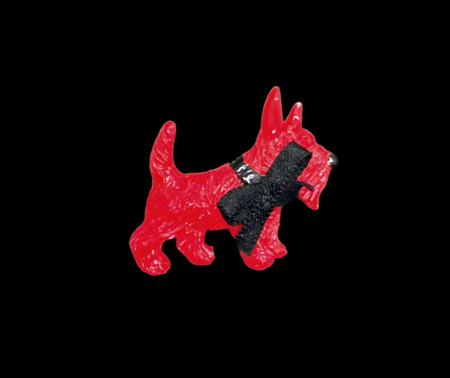 Vintage Red Plastic Scottie Dog with Black Fabric Bow