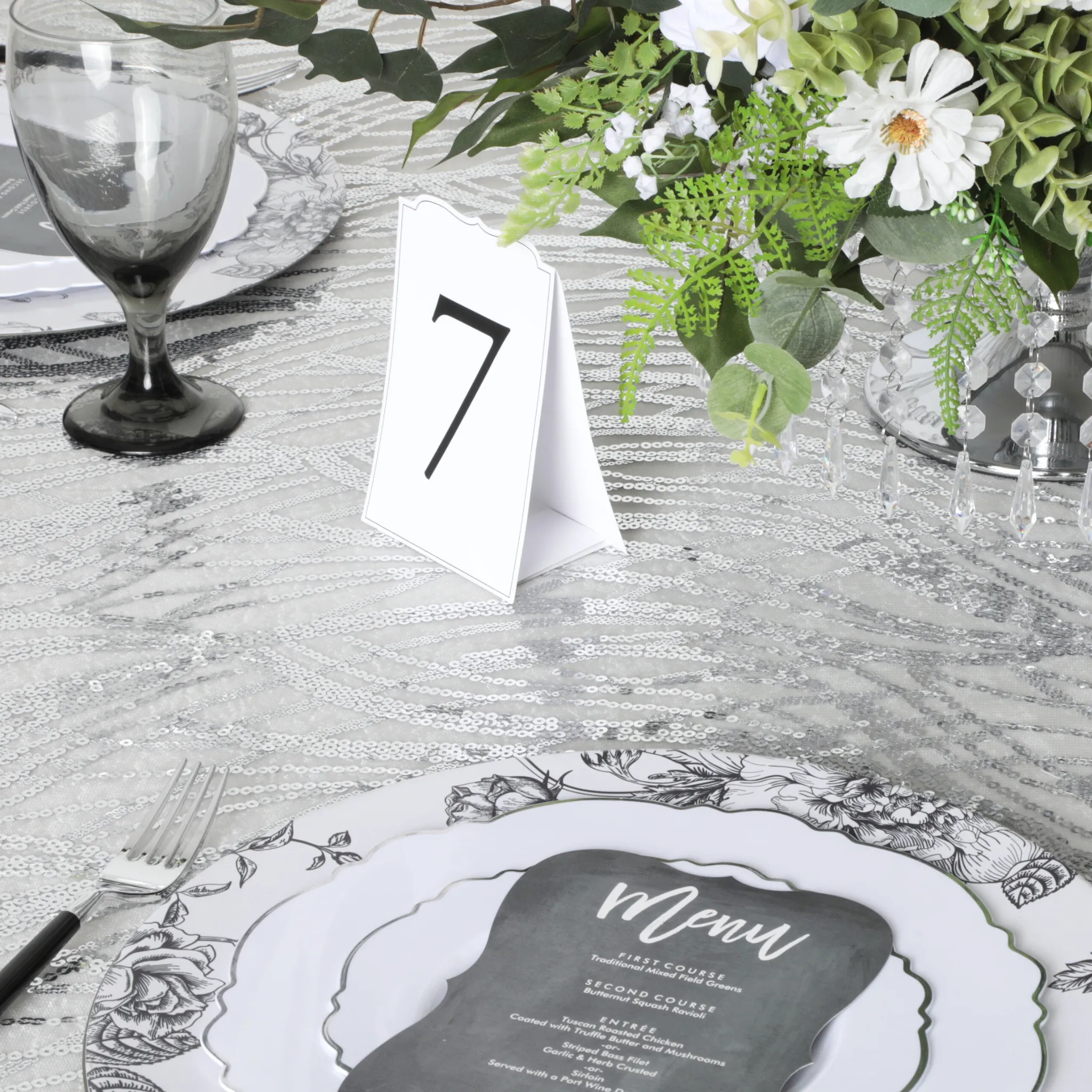 Wave Sequin Mesh Tablecloth 120" Round - Silver