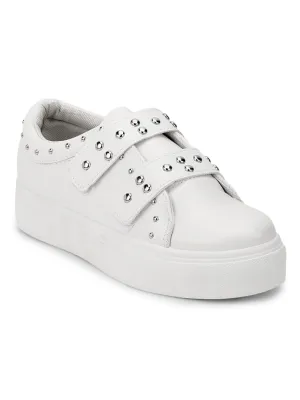 White PU Studded Strap Slip-On Sneakers