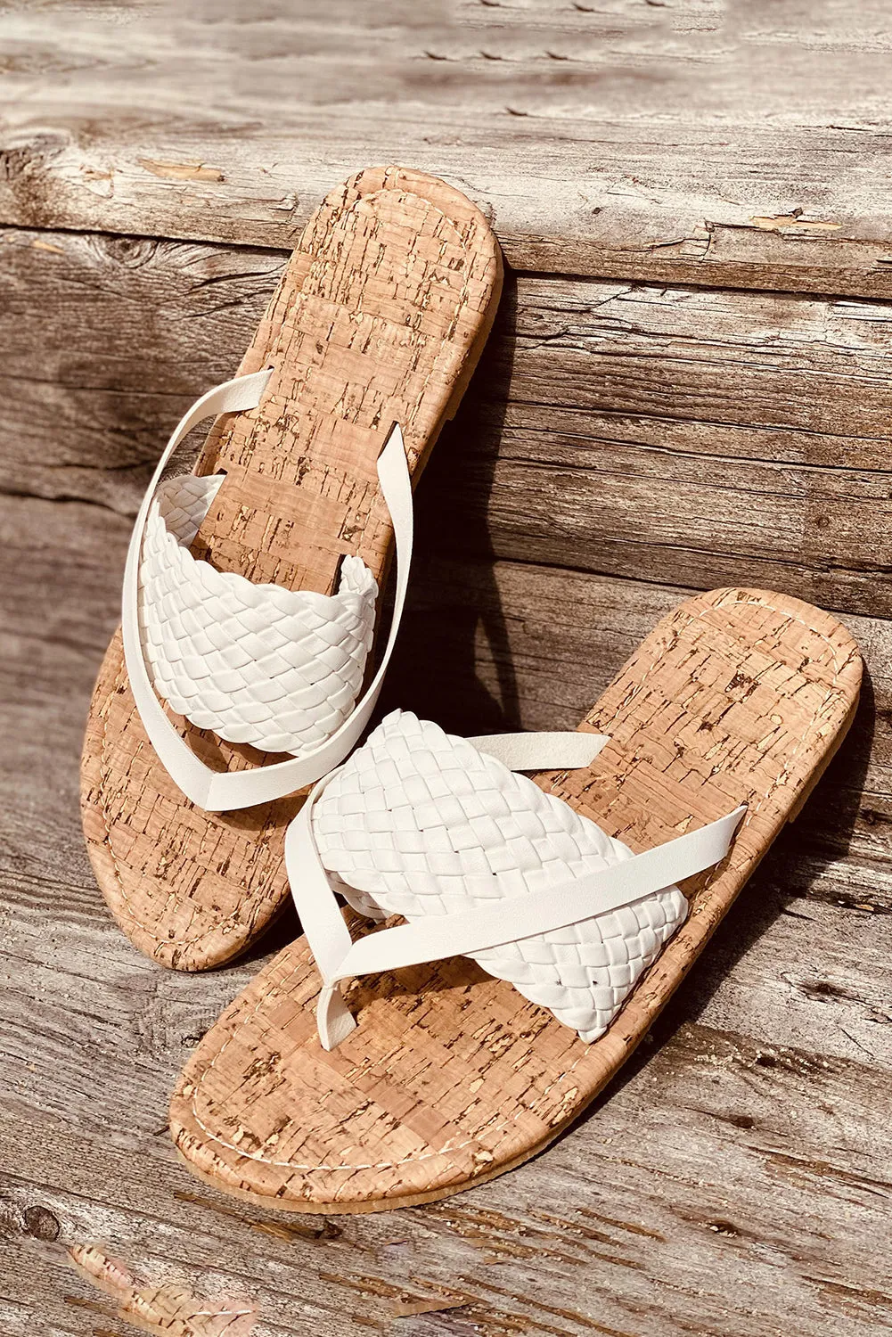 White Woven Flat Flip Flops Sandals