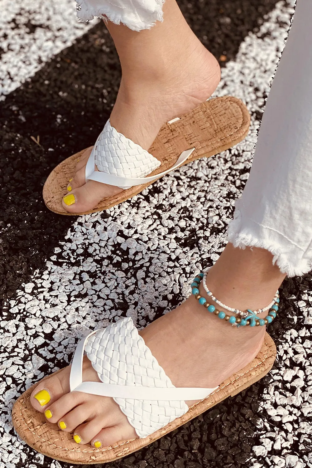 White Woven Flat Flip Flops Sandals