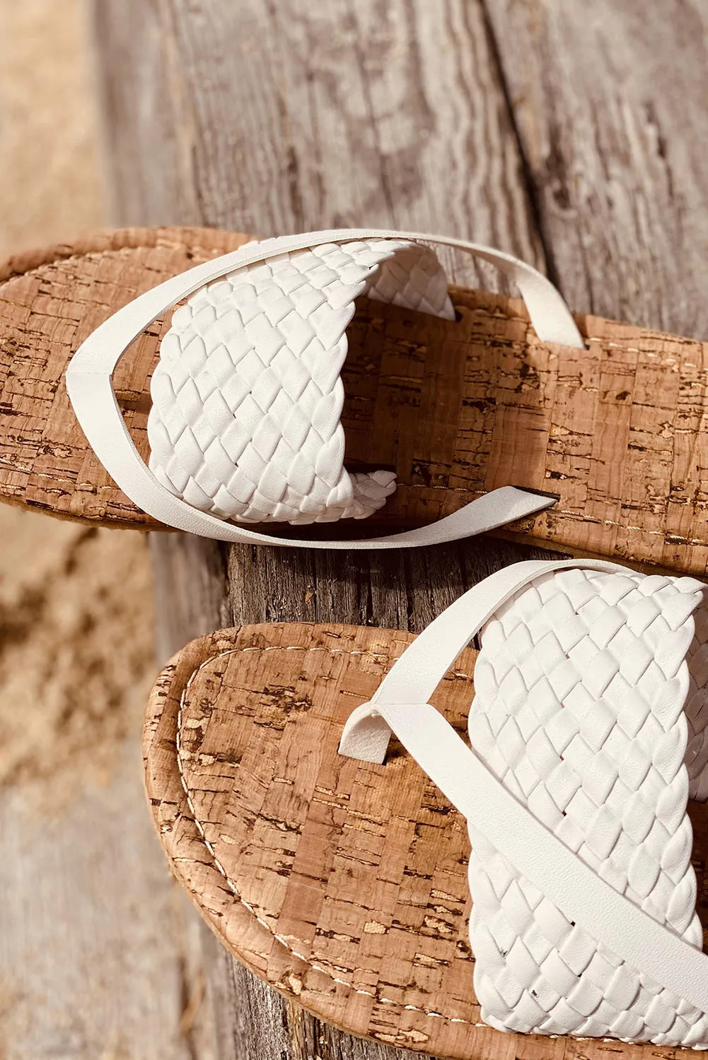 White Woven Flat Flip Flops Sandals