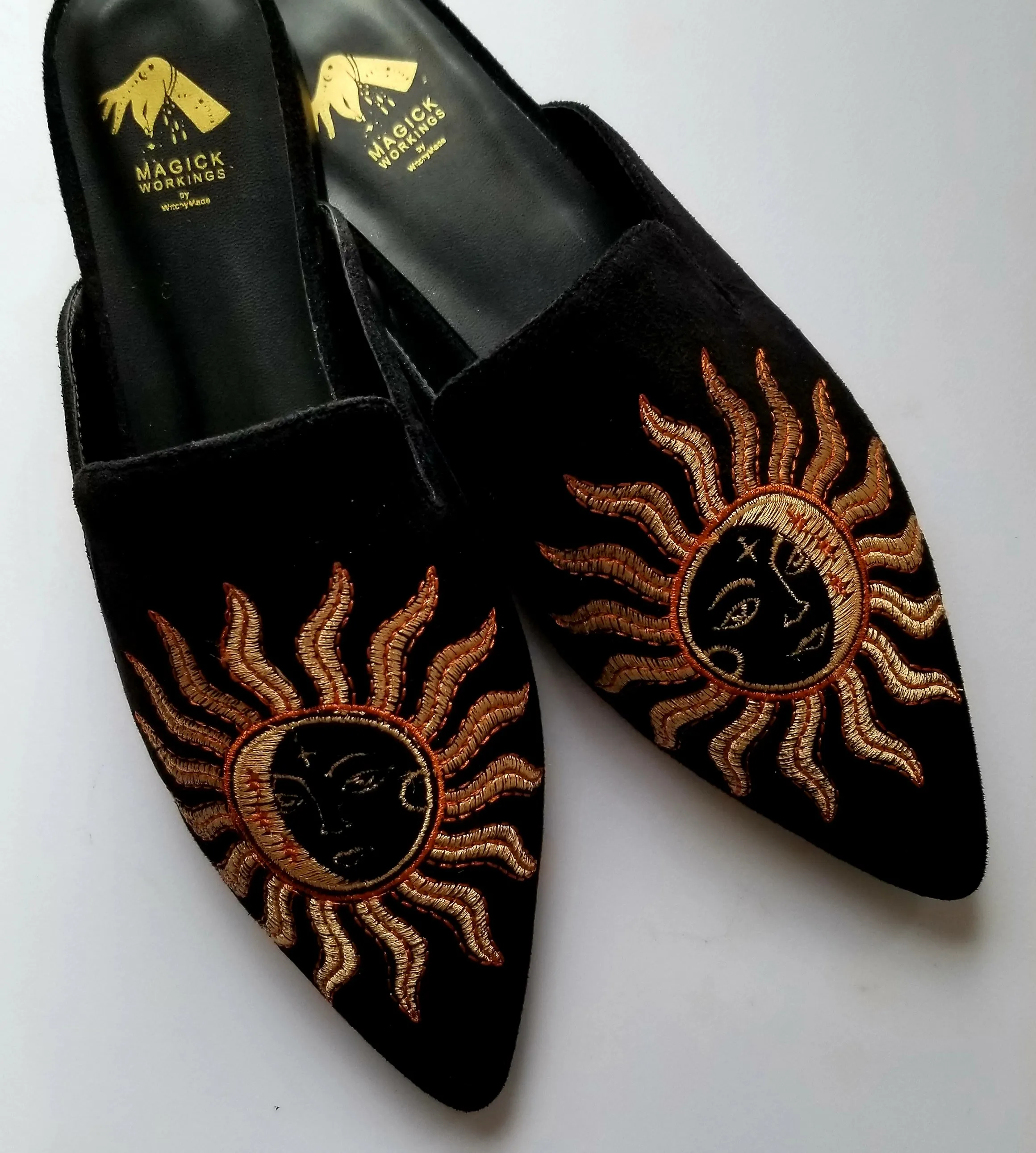 Witchy Embroidered Tarot Inspired Sun   Moon Inspired Mules, Witchy Shoes, Witchy Clothing, Witch Shoes, Mules, Witch, Boho Chic, Celestial