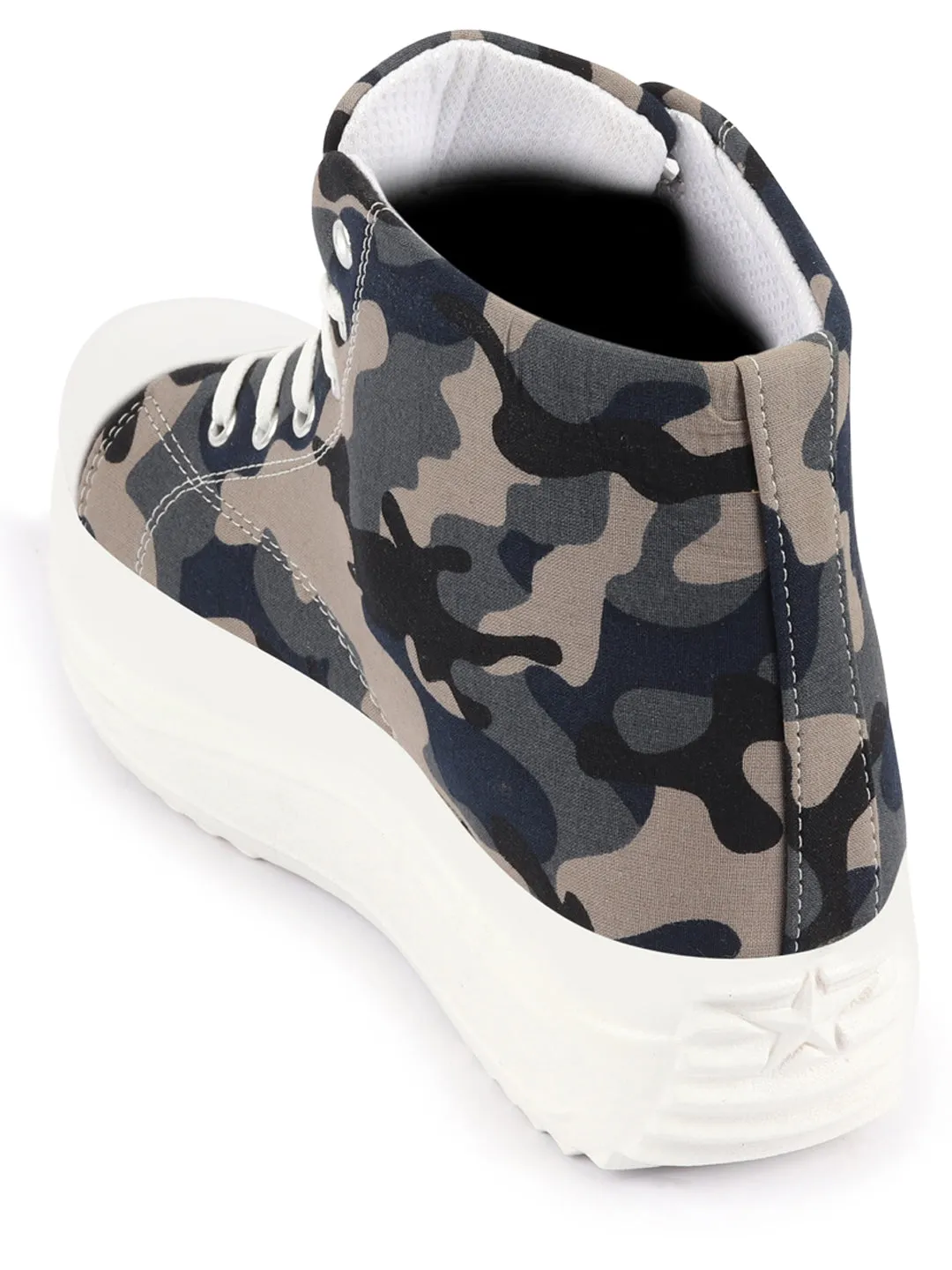 Women Grey High Ankle Top Wedge Heels Camouflage Print Canvas Lace Up Sneakers Shoes