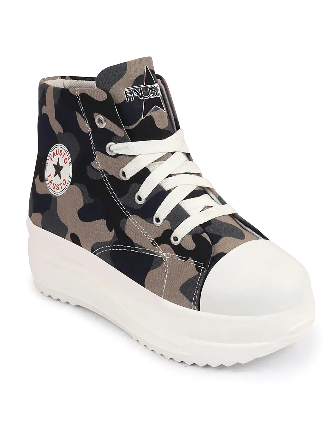 Women Navy Blue High Ankle Top Wedge Heels Camouflage Print Canvas Lace Up Sneakers Shoes