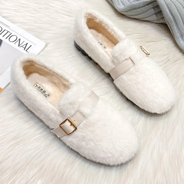 Womens Faux-Fur Loafers Warm Soft Plush Fur Winter Shoes