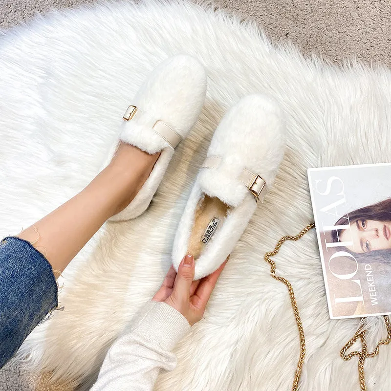 Womens Faux-Fur Loafers Warm Soft Plush Fur Winter Shoes