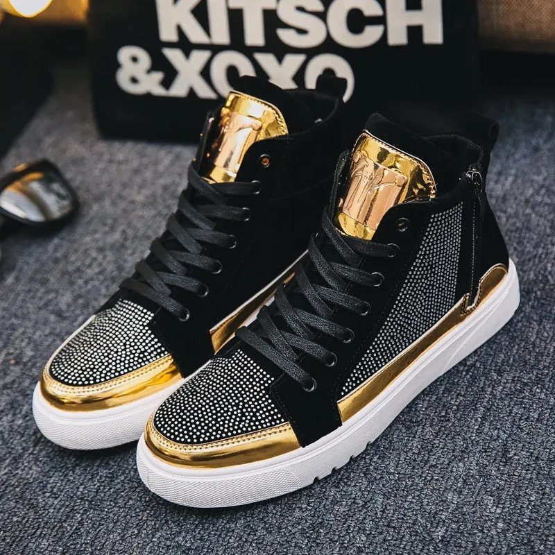 xiangtuibao    Cool Men High Top Men Gold Glitter Sneakers Lace Up Crystal Platform Flats Gold Shoes Man Sequins  Bling Shoes AC-2