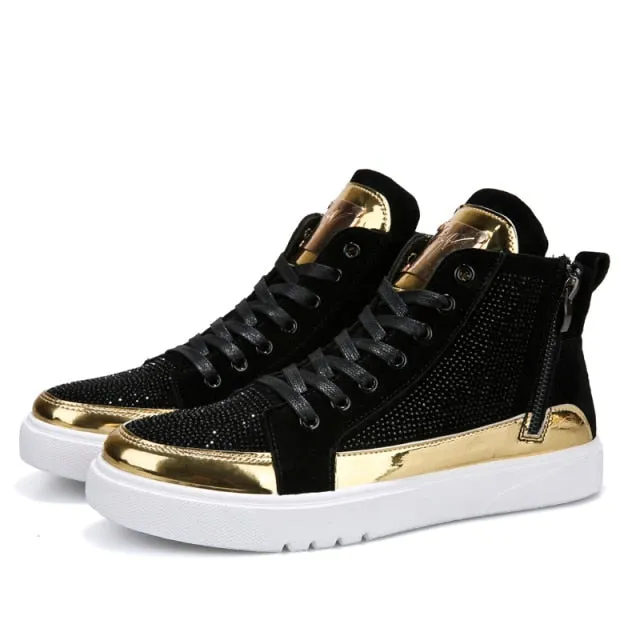 xiangtuibao    Cool Men High Top Men Gold Glitter Sneakers Lace Up Crystal Platform Flats Gold Shoes Man Sequins  Bling Shoes AC-2