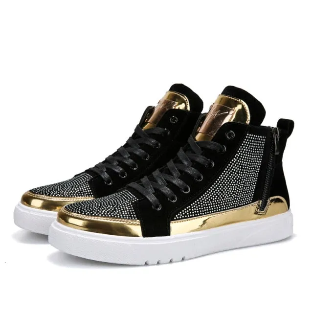 xiangtuibao    Cool Men High Top Men Gold Glitter Sneakers Lace Up Crystal Platform Flats Gold Shoes Man Sequins  Bling Shoes AC-2